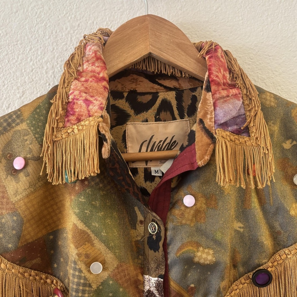 Vtg J. Wilde Silk Blend Leopard Top Jacket Womens M Western Fringe Boho Texas - Picture 4 of 12